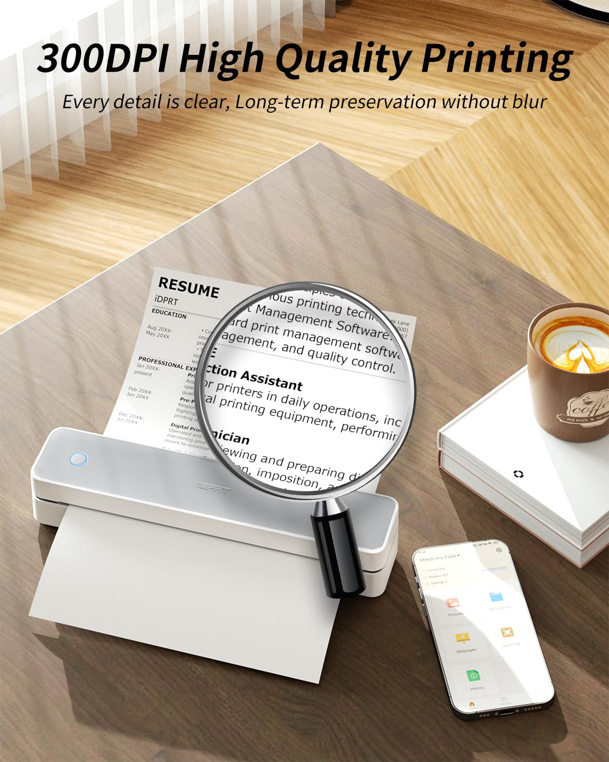 iDPRT Impresora térmica portátil, MT610 Pro inalámbrica para viajes, impresora Bluetooth sin tinta de 300 DPI, compatible con cartas de EE. UU. de 8.5 x 11 pulgadas y papel térmico A4 y A5 para el