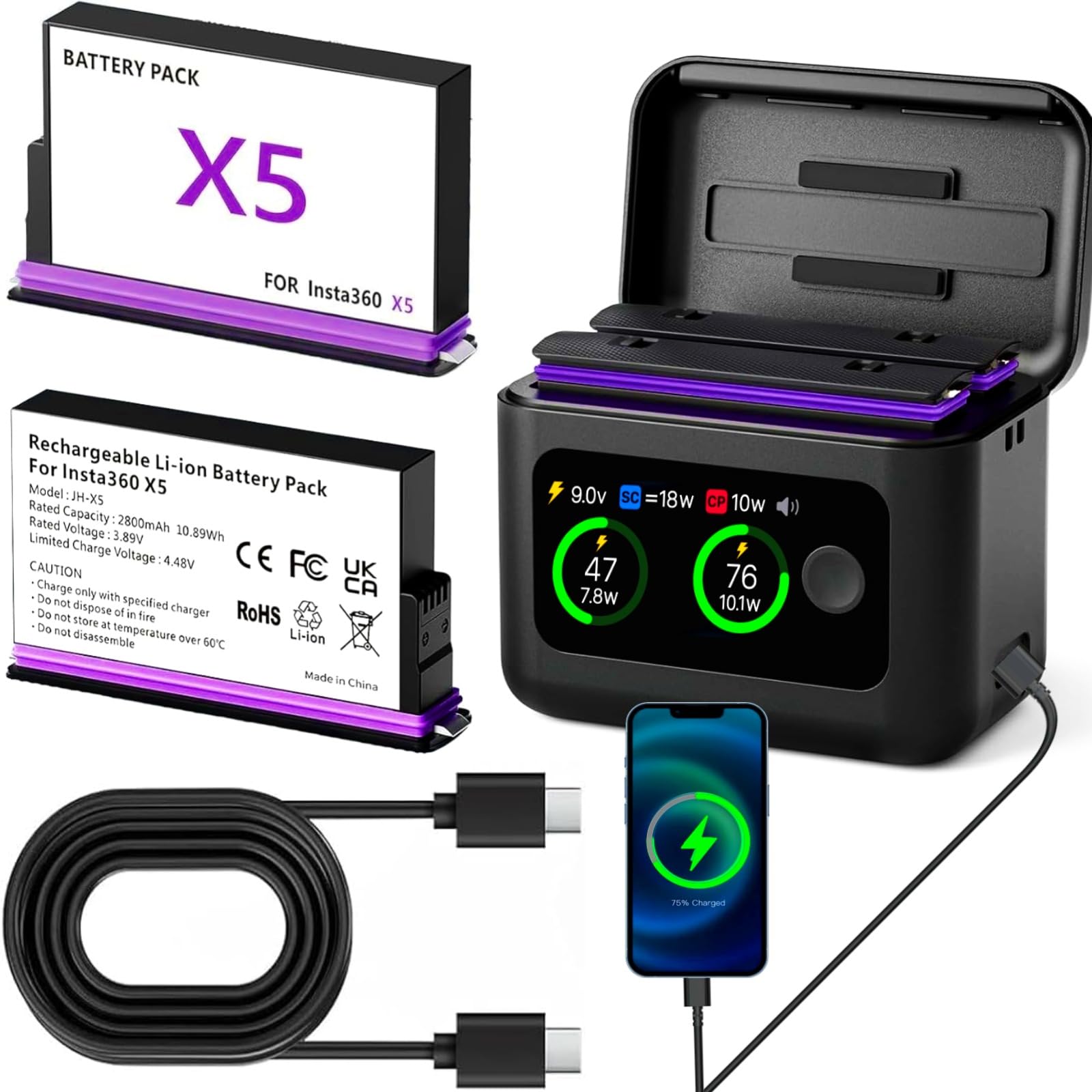 2 Baterías 360 x5 de 2800 Mah con Cargador USB de 2 Ranuras y Estuche de Carga Rápida, Pantalla LCD Que Muestra El Soc de La Batería, Compatible con La Cámara Insta360 x5 (Insta 360 X5)