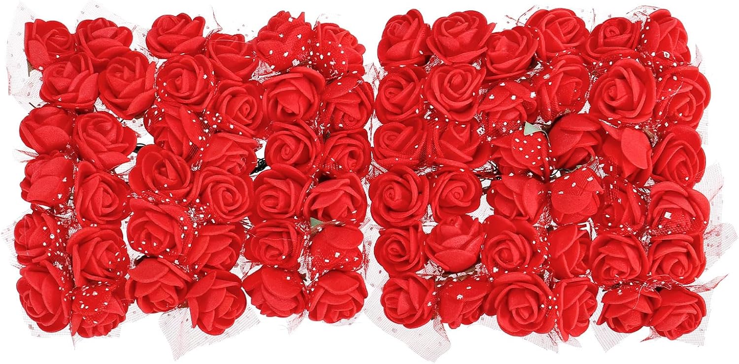 MECCANIXITY Artificial Rose Flower Heads, Red Mini Faux Flowers 0.8 Inch-1 Inch for DIY Craft Wedding and Party Decoration Pack of 72
