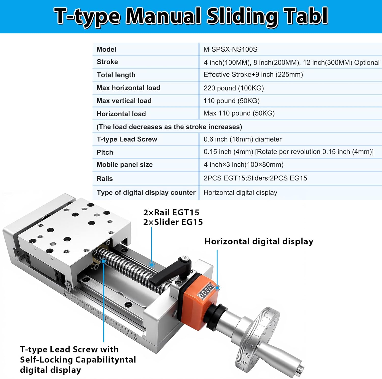 Manual Linear Motion Sliding Table with Self-Locking, Digital Display, Linear Module, Dual Rail, Z-Axis, Horizontal Max Load: 220 lb(100 kg), 8'' (200mm) for CNC and DIY.