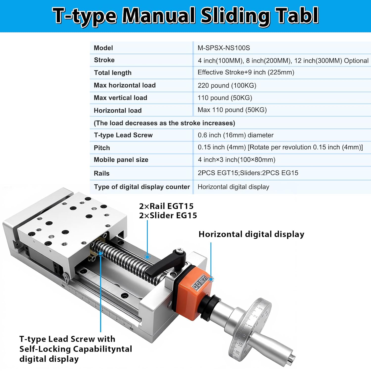 Manual Linear Stage Motion Sliding Table Digital Readout T-Type Screw Z Axis Double Rail 12 inch 300mm Stroke Linear Module Guide Stage 220lb 100kg Load Capacity for Engineering Lab Teaching DIY