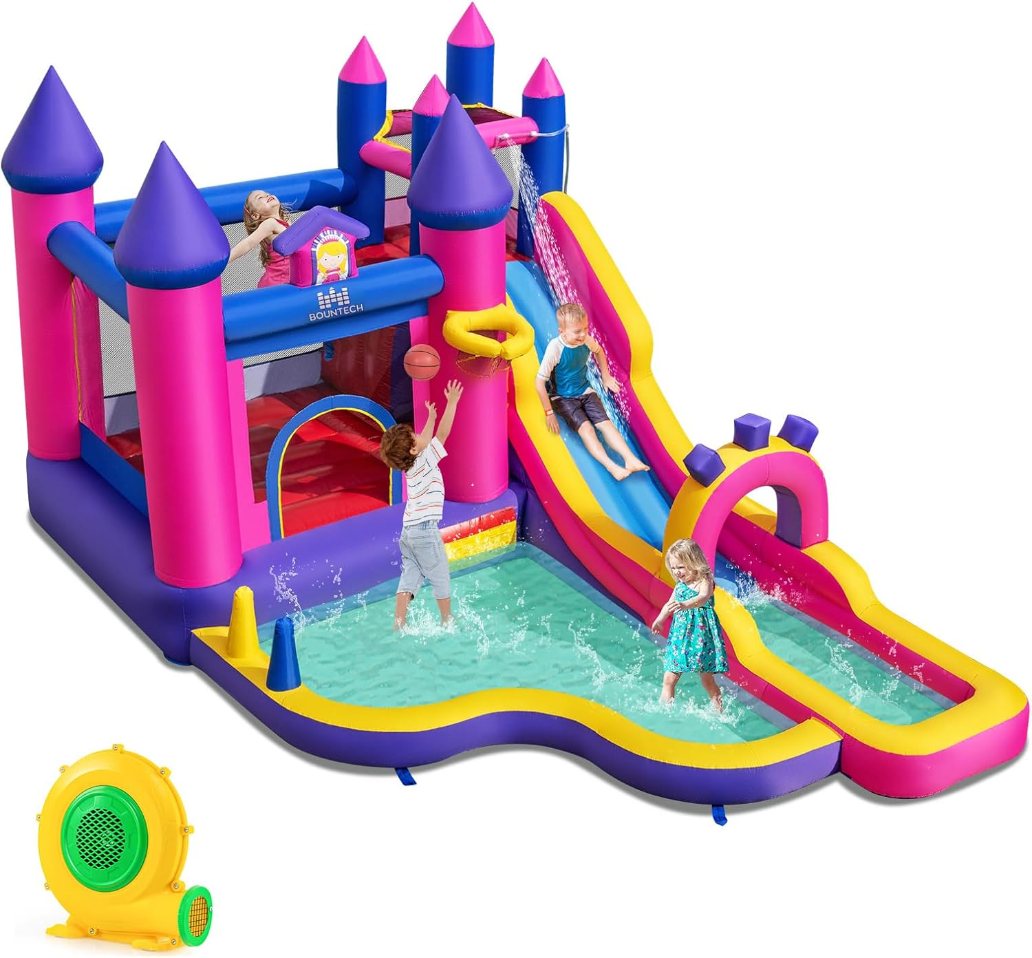 BOUNTECH Inflatable Water Slide, Princess Water Park w/Long Slide, Jumping Area, Climbing Wall, Splash Pool, Basketball Hoop, Ring-toss, Outdoor Water Bounce House Castle for Kids Backyard Gift