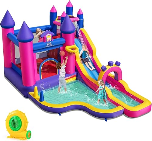 BOUNTECH Tobogán acuático inflable, parque acuático de princesa con tobogán largo, área de salto, pared de escalada, piscina de chapoteo, aro de