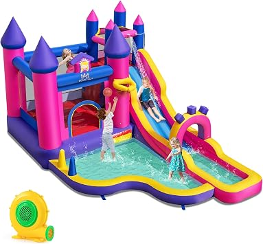 BOUNTECH Inflatable Water Slide, Princess Water Park w/Long Slide, Jumping Area, Climbing Wall, Splash Pool, Basketball Hoop, Ring-toss, Outdoor Water Bounce House Castle for Kids Backyard Gift