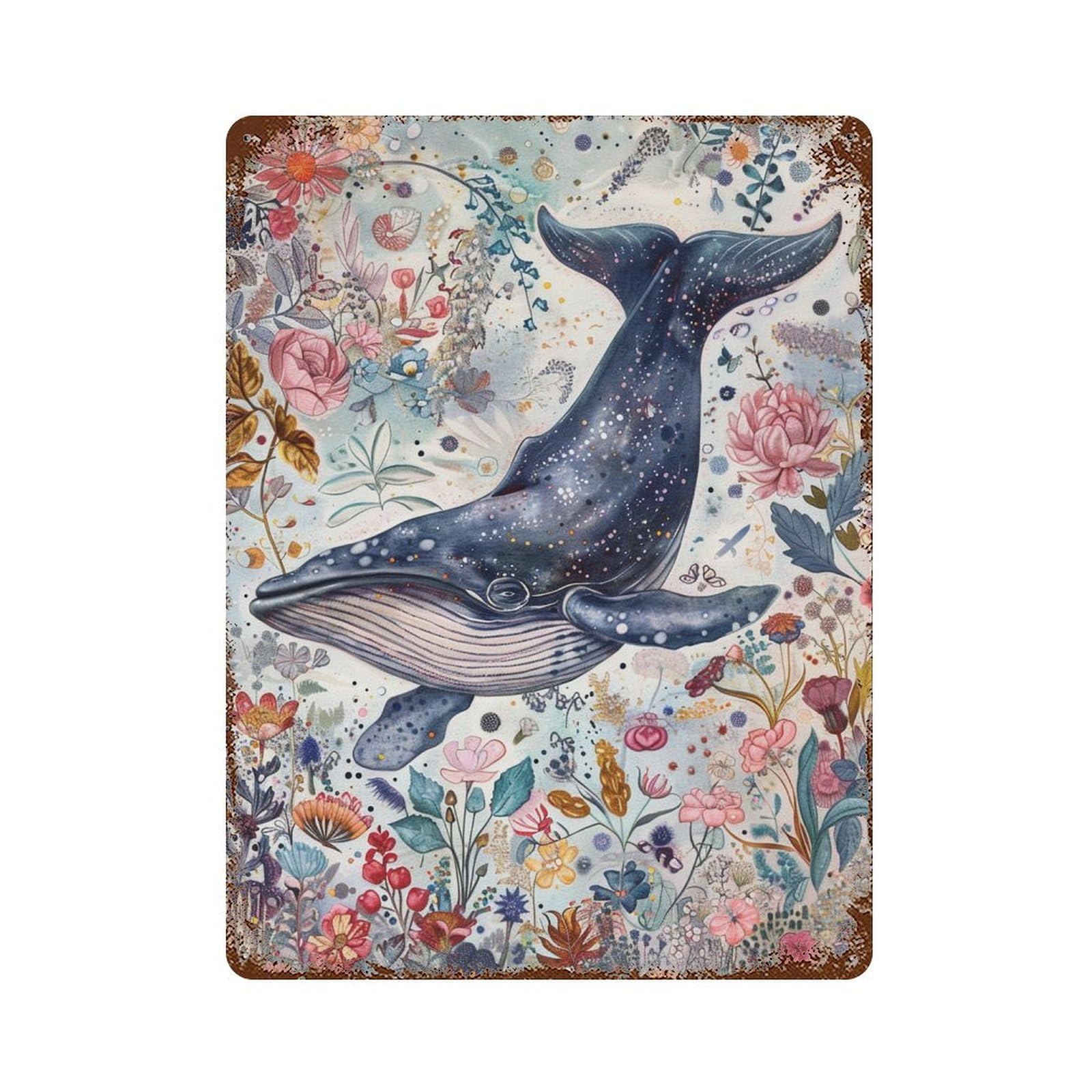Whale in Floral Fantasy Weathered Tin Sign 15.7"x11.8", for Basement, Hobby Room And Garage Decor, Rustic Home Decor