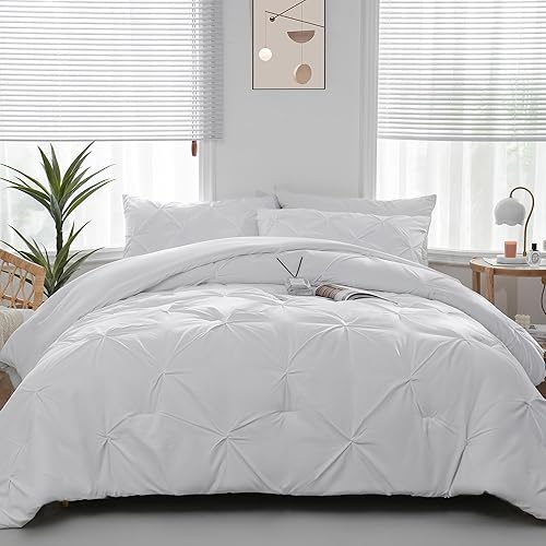 Miniatura 6 de DOWNCOOL Juego de edredón de tamaño matrimonial  Juego de cama de 3 piezas con bonito diseño de pintuck, edredón blanco suave y esponjoso tamaño