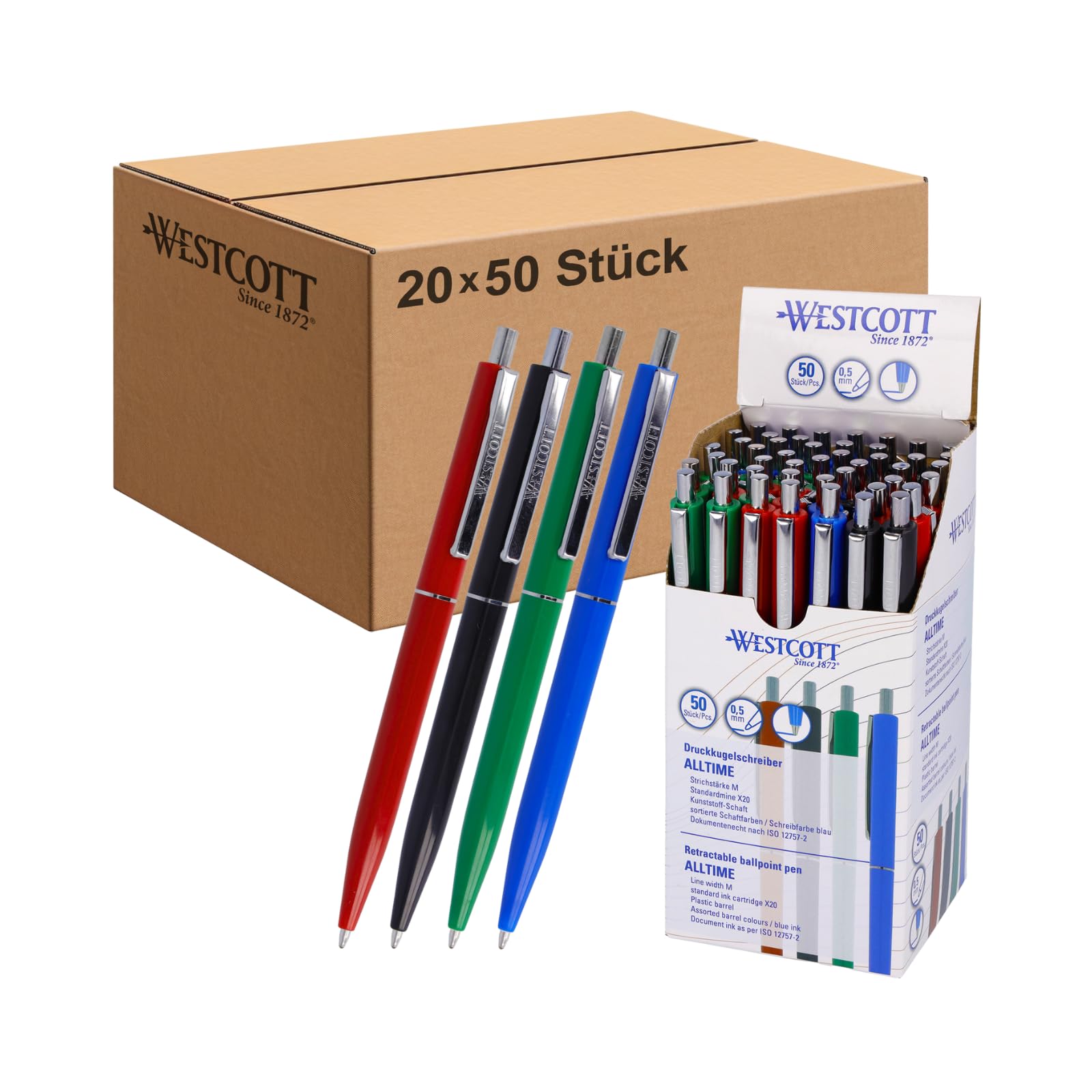 Westcott Kugelschreiber ALLTIME Mix 50 Stück (20er-Pack) | Großpackung Druckkugelschreiber mit blauer Tinte | Strichstärke M, X20 | Dokumentenecht ISO 12757-2 | Stabiler Metallclip | E-737487 00
