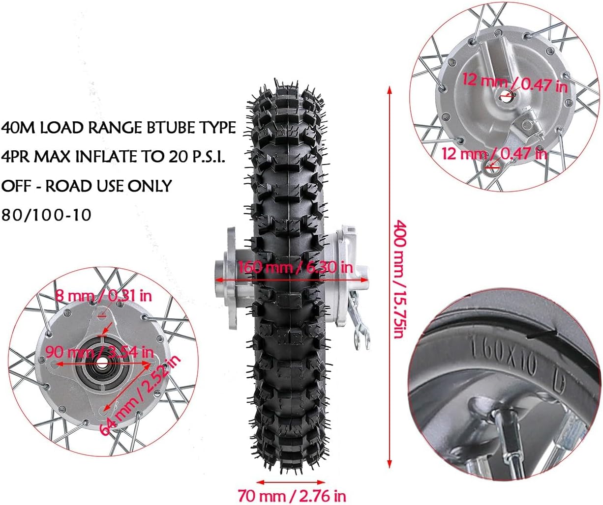 CRF50 Dirt Pit Bike Wheel – 80/100-10" Tire 1.6x10 Rim Inner Tube 12mm Bearing Wheel Assembly – for Drum Brake 50cc 70cc 90cc 110cc CRF50F XR50 CRF70 KLX110 KX65 TTR90 TTR110 Off-Road Motorcycle