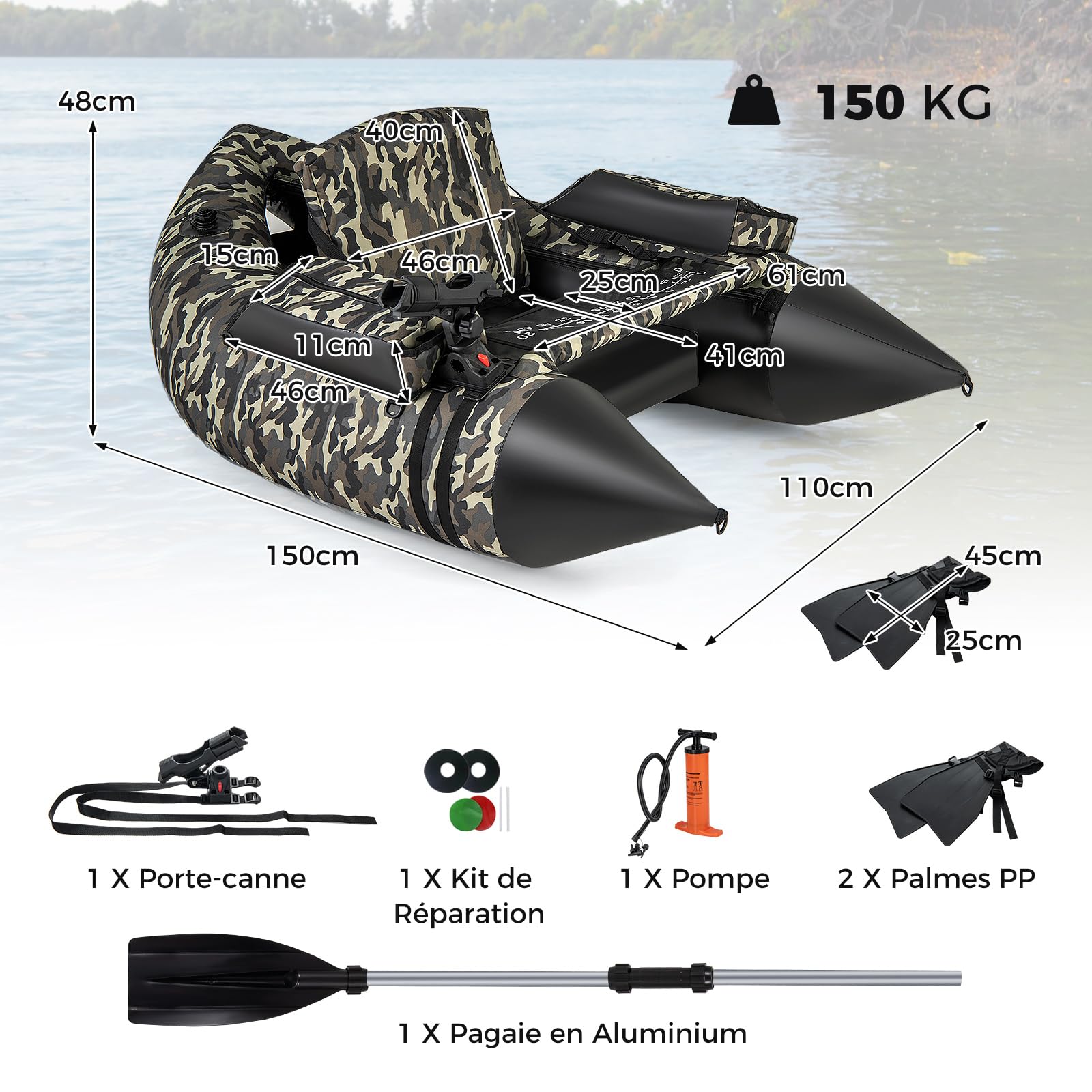 COSTWAY Bateau de Pêche Gonflable avec Dossier Pagaie, Bateau Gonflable avec Règle à Poisson Support de Canne Poches de Rangement Palmes Pompe Sangles de Sac à Dos Charge 150 KG, Camouflage
