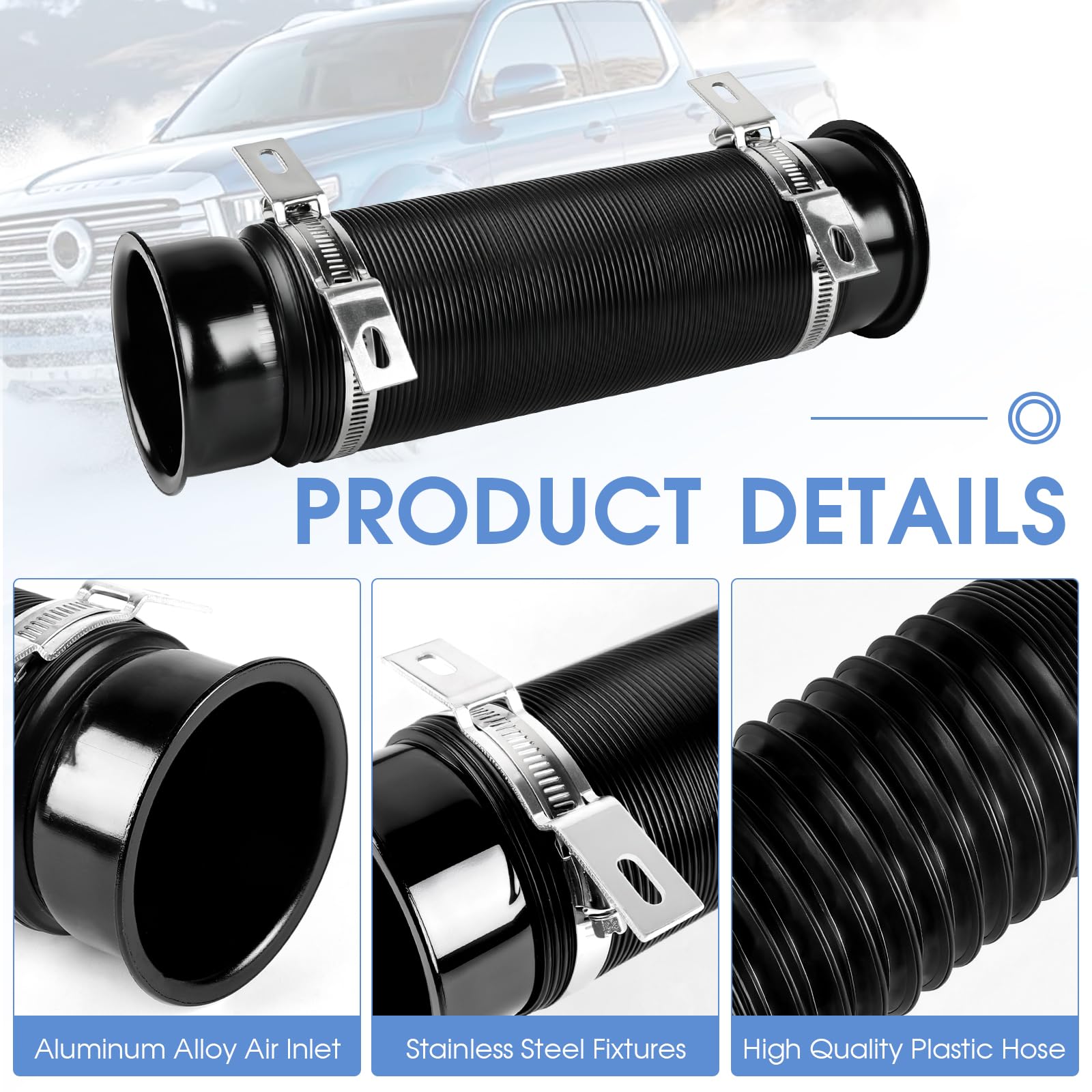 Tubo di aspirazione aria fredda universale per auto da 76 mm (3 pollici) Tubo flessibile estensibile nero per aspirazione aria, regolabile fino a 1m Condotto di aspirazione modulabile per auto