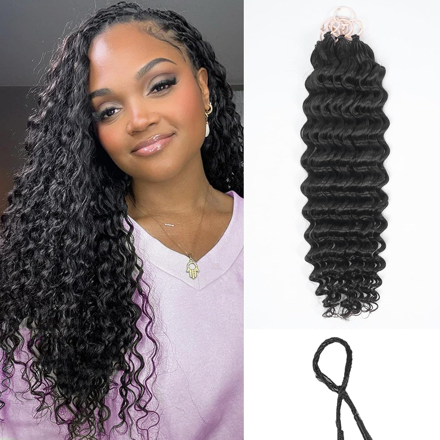 Deep Wave Crochet Hair 18 Inch 75g Knotless Pre-Separated Human Hair Bundles Lightweight 3C/4A Natural Deep Wave Crochet Braiding Hair Remy Extensions for Women Boho Styles Natural Black