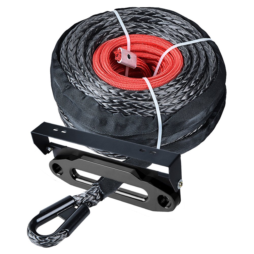 amopacorp 95feet x 3/8 inch Synthetic Winch Rope Guard and 10 inch Hawse Fairlead with 254mm Flip-Up License Plate Holder Kit (Black)