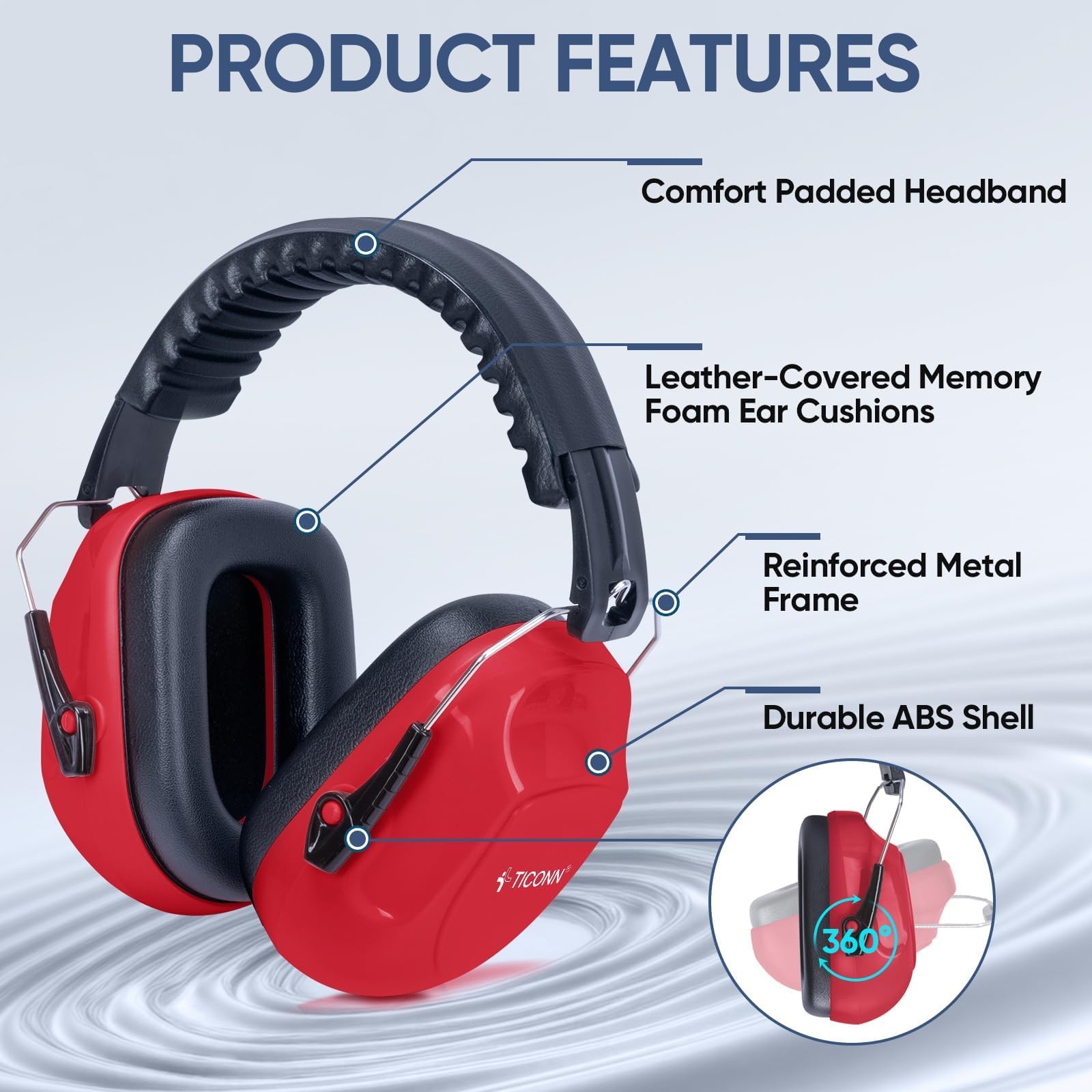 TICONN Noise Cancelling Ear Muffs for Adults, SNR 33dB Hearing Protection, Adjustable Safety Earmuffs for hunting, Construction (Red) view 4