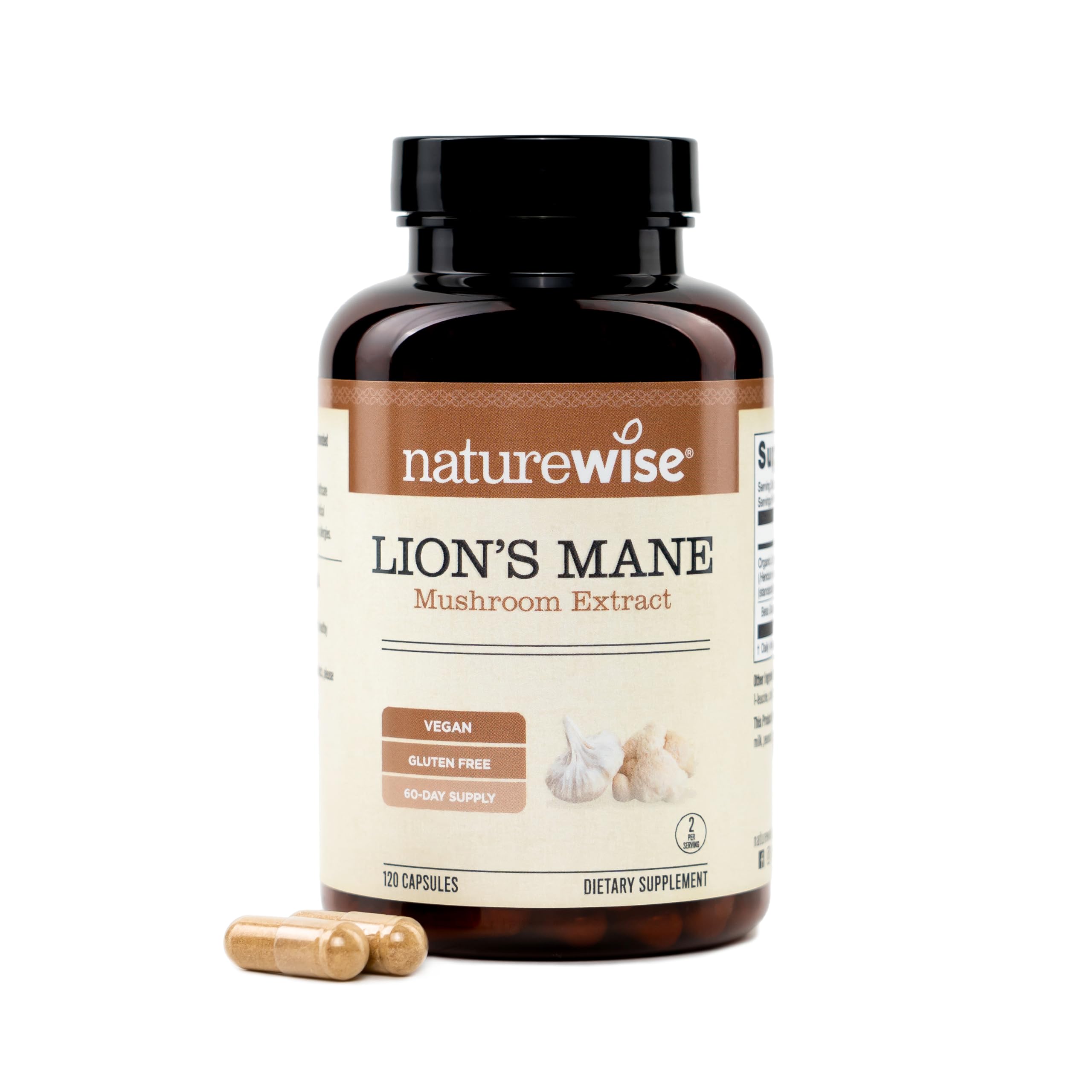 NatureWise Lions Mane Mushroom Supplement - Organic Lions Mane Mushroom Extract 1200mg - 360mg Beta Glucans - Cognition & Brain Support - Vegan, Non-GMO, USA Manufactured - 120 Capsules[60 Day Supply]