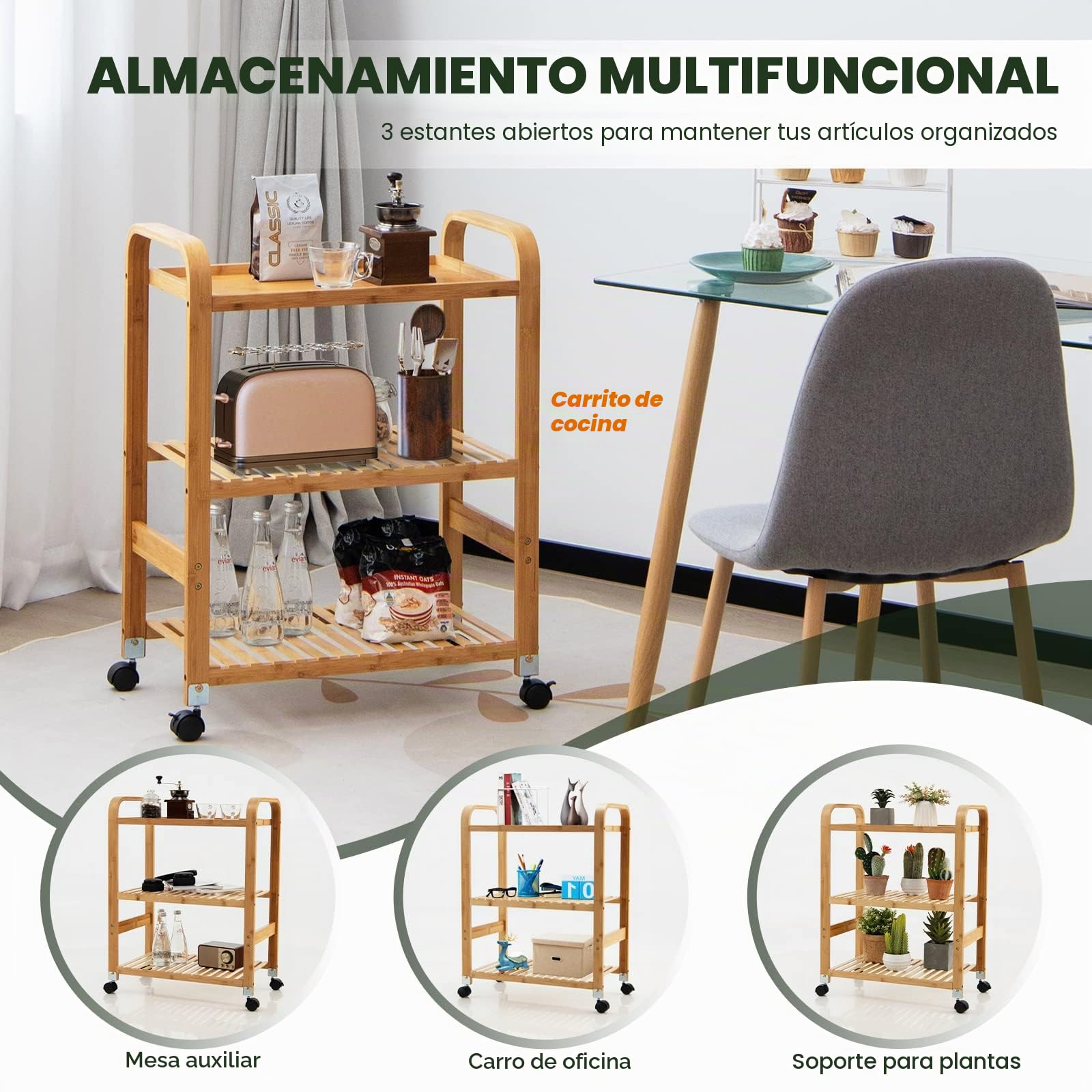 Giantex Carro de Servicio de Bambú, Carrito de Cocina con Ruedas Giratorias, Carrito Auxiliar de Almacenamiento con 3 Estantes, con Asas, Ruedas Extraíbles, para Cocina, Comedor, Salón