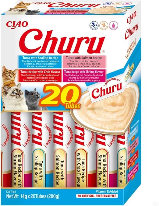 INABA Churu - Friandises pour Chats en Purée aux 4 Saveurs de Fruits de Mer et Thon - Délicieux Snacks pour Félins - Texture Lisse et Onctueuse - Nourriture pour Chats - 20 Tubes x 14g