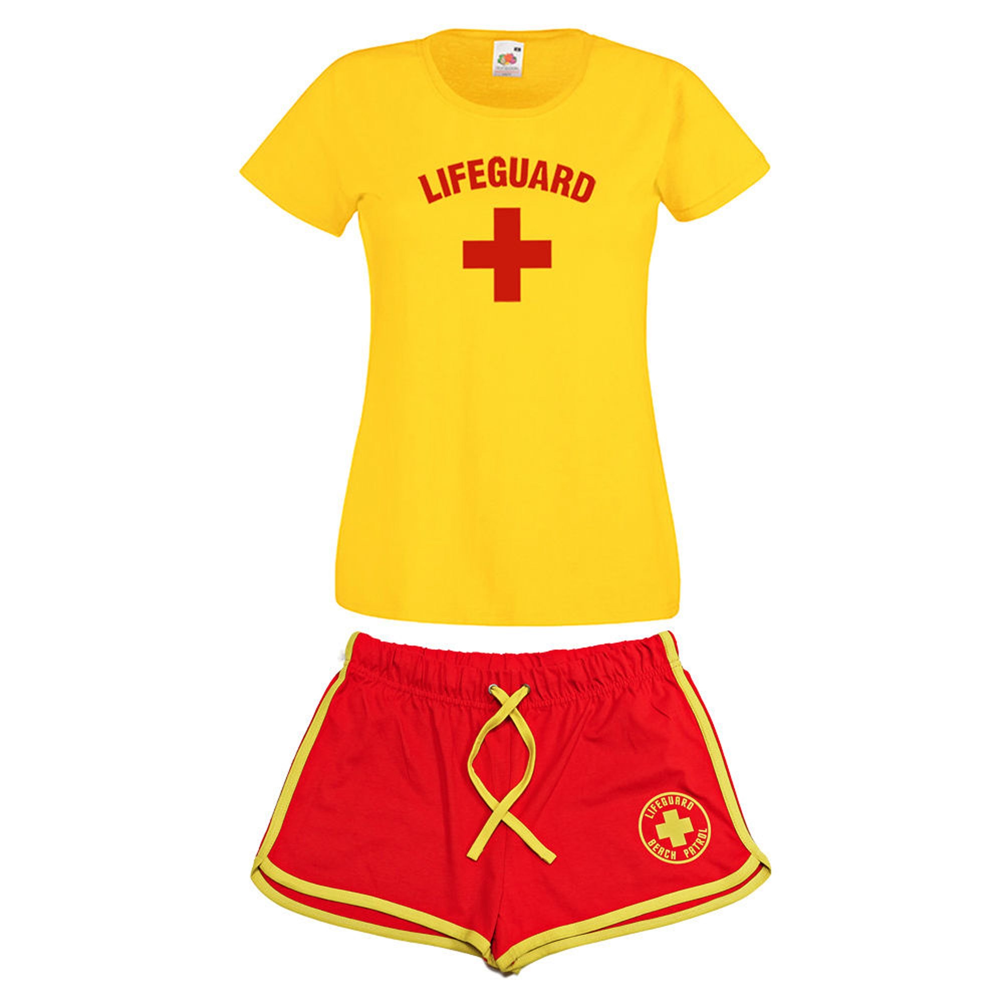Lifeguardgear Women's Yellow/Red Lifeguard T-Shirt Shorts 2 Piece Set (Medium)
