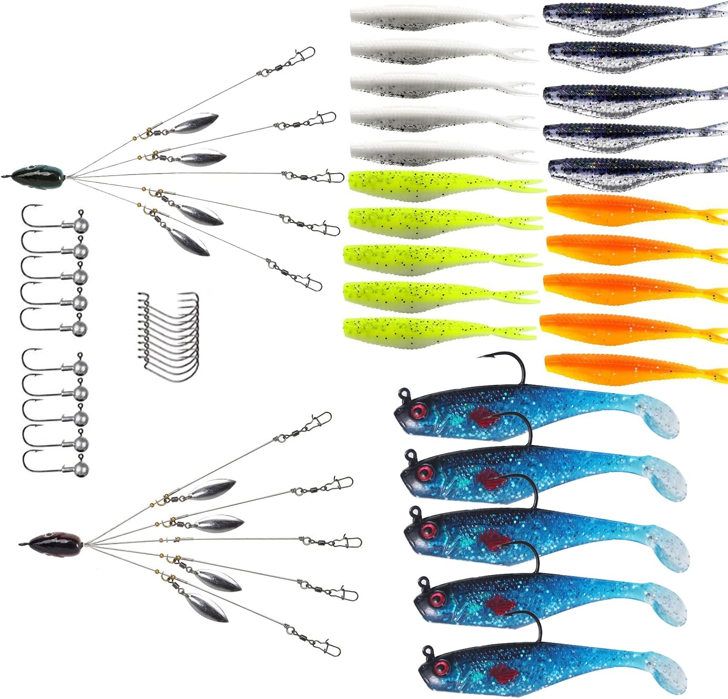 XhuangTech Alabama Rig Baits, 5 Arms Alabama Umbrella Rig with Soft Paddle Tail Swimbaits Bass Lures Jig Head Hook for Pike/Trout/Crappie in Freshwater Or Saltwater …