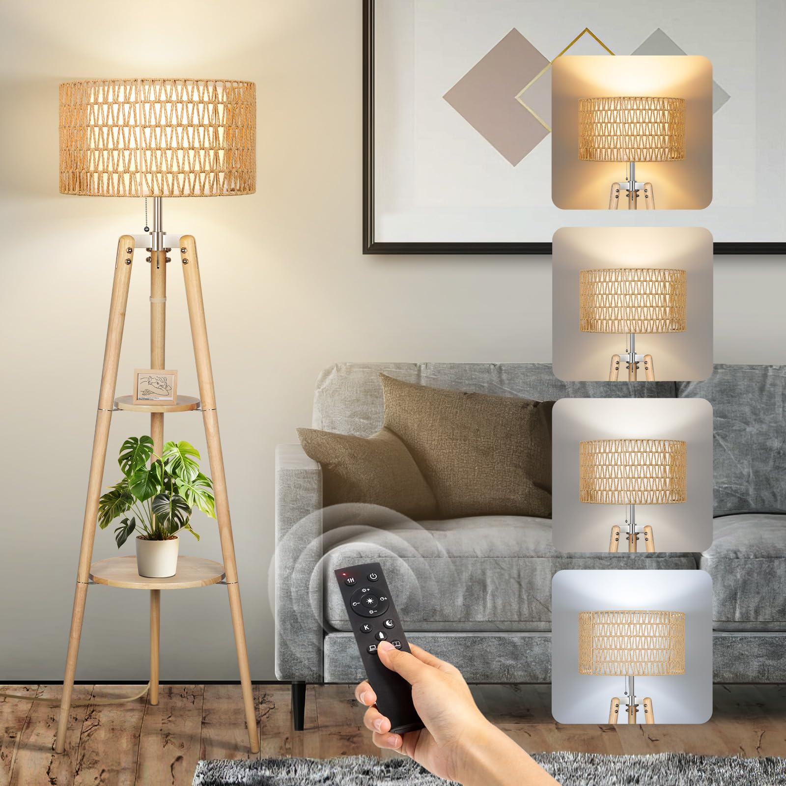 OUTON LED Stehlampe Dimmbar Dreibein Holz mit Regal,Fernbedienung,4 Farbtemperatur,1 Stunde Timerfunktion,Stativ Stehleuchte mit zwei Lampenschirmen,geeignet für Wohnzimmer, Schlafzimmer(Holzfarbe)