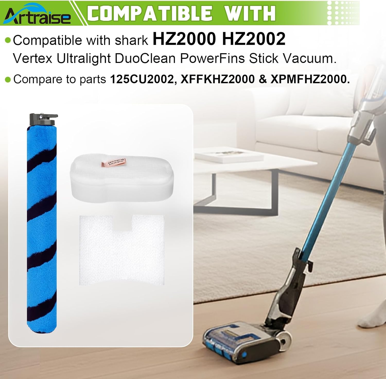 Artraise HZ2002 Roller Brush Filter Replacement for Shark Vertex Duo Clean PowerFins Corded Stick HZ2000 HZ2002 Vacuum, Compared to Part XFFKHZ2000 & 125CU2002