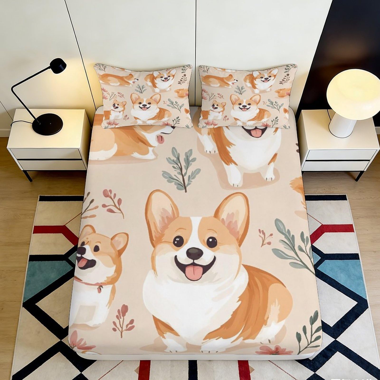 3D Printed Corgi Dog Fitted Sheet Microfiber Soft Breathable Cartoon Puppy Mattress Cover for Bedroom Guest Room Decor 90x200x25cm