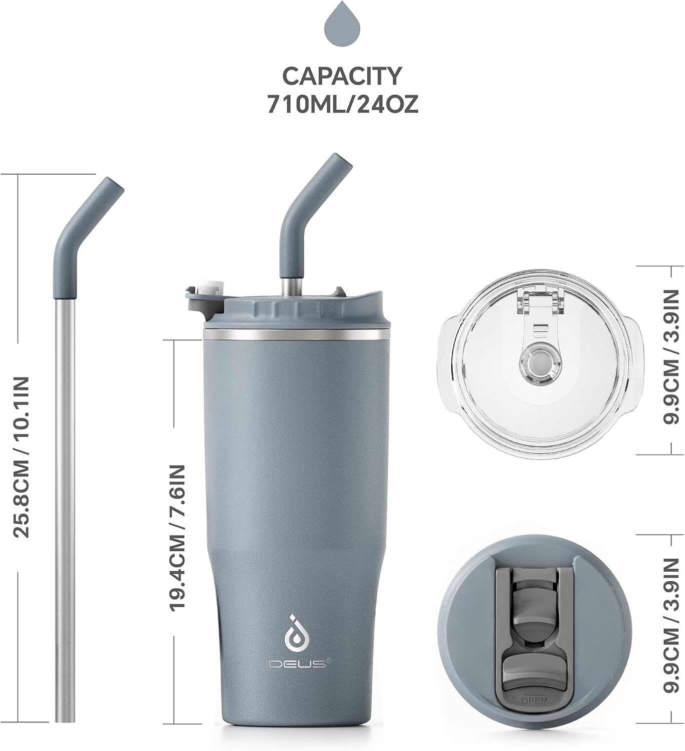 Ideus Insulated Tumbler with Lid and Straw 24 oz, Stainless Steel Double-Wall Vacuum Leak-Proof Travel Coffee Mug, Cup Holder Friendly, Ultimate Gray - Image 9