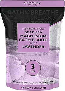 Aromasong RAW Magnesium Bath Flakes with 100% Natural Lavender, 3 LB Muscle Relaxing Organic Salts Mg Chloride, Mineral Soak. (Packaging May Vary)