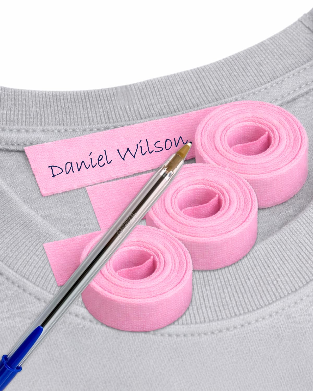 3 Rolls of Pink Fabric Label Tape 3m x 1cm. Heat Transfer, Writable. Includes Pen. Durable & Washable for Kids’ Clothes, School & Nursery — image 1