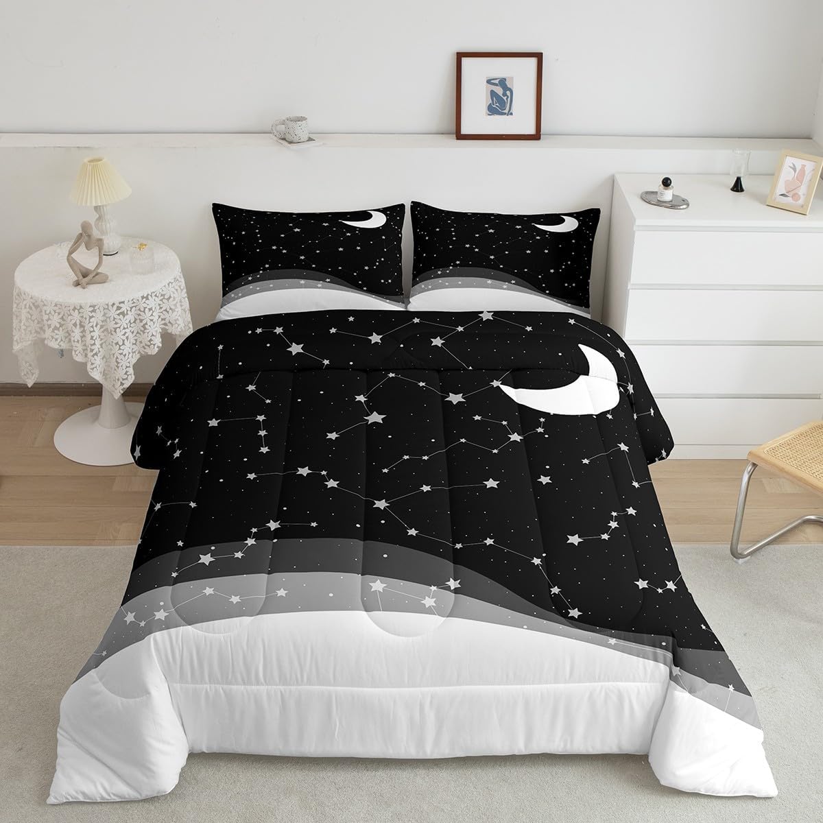 Erosebridal Black White Comforter Set King Psychedelic Galaxy Bedding Set, Constellations Astrology Down Comforter Hippie Moon Duvet Insert, Horoscopes Zodiac Bedding Comforter Sets, Reversible 3pcs