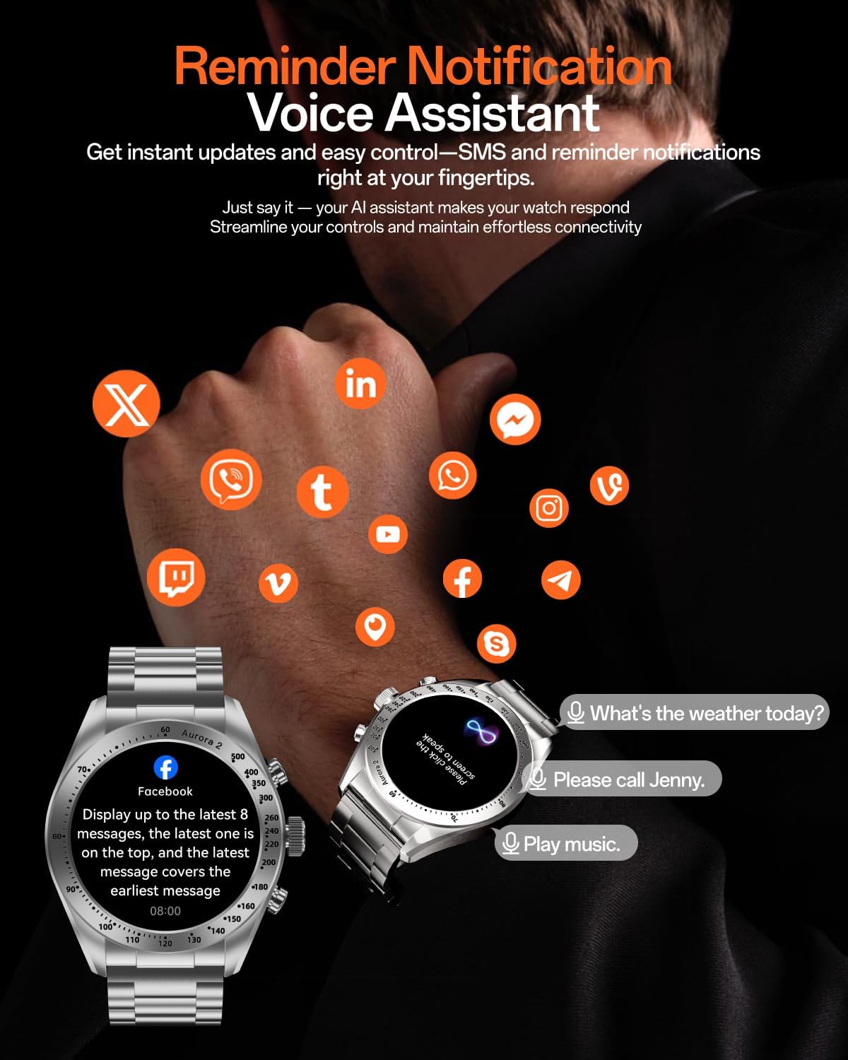 Aurora 2 Smart Watch for Men Answer/Make Call, 1.32" AMOLED HD Screen Mens Luxury Watch, 350mAh Smartwatch Heart Rate Blood Oxygen Sleep Monitor Pedometer, 3 Strap Connection Adapters (Silver) 4 71mIEOSJMPL. AC SL1500