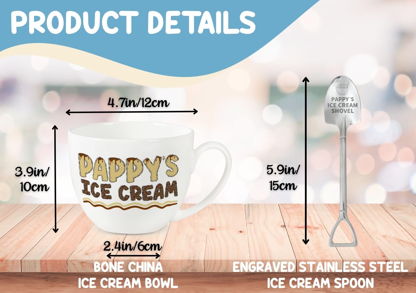 InnoBeta Pappy Gifts, Fathers Day Gift Ice Cream Bowl Scoop Shovel Spoon Set, Pappy Ice Cream Gift from Grandkids Grandchildren, Ideal Xmas Birthday Father's Day Grandpa Present