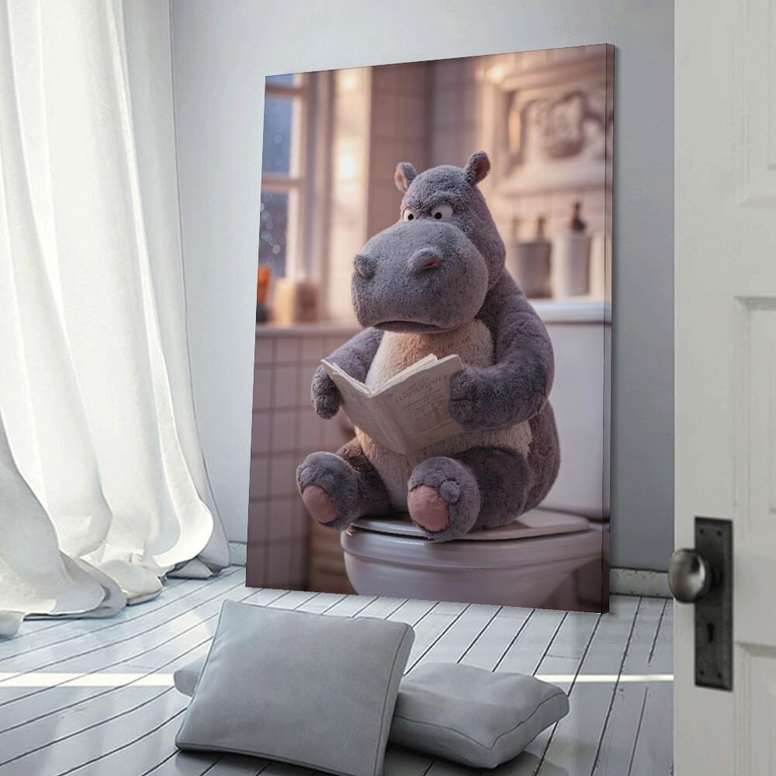 Junmoney Decorative Canvas Print Hippo Reading on Toilet, 12x18inch(30x45cm), for Home Office, Desk Area Or Studio, Home Office Artwork with Decorative Appeal