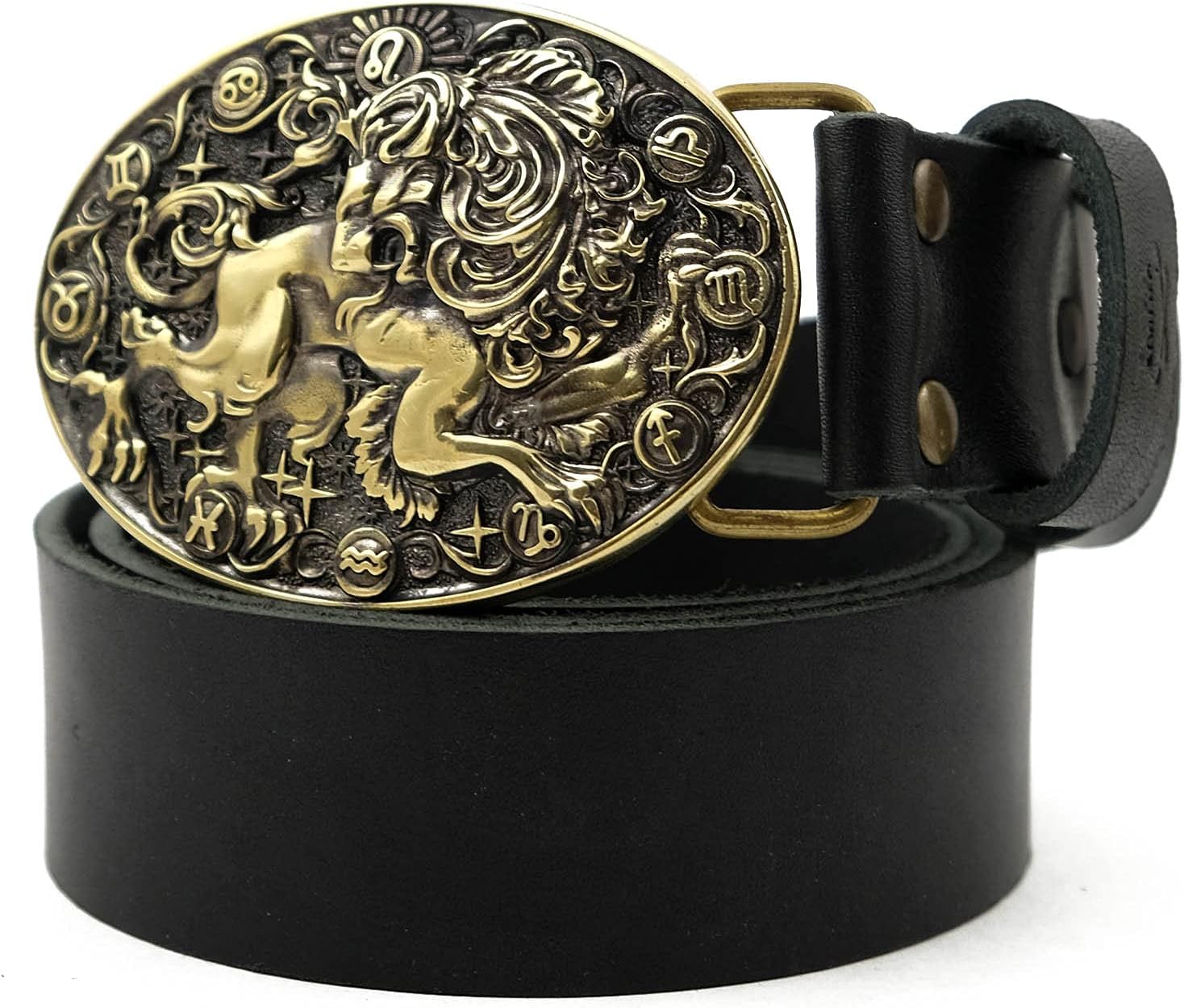 Leather belt with Leo buckle, Lion Horoscope Astrological Zodiac Sign solid brass belt buckle for casual belt for men and women