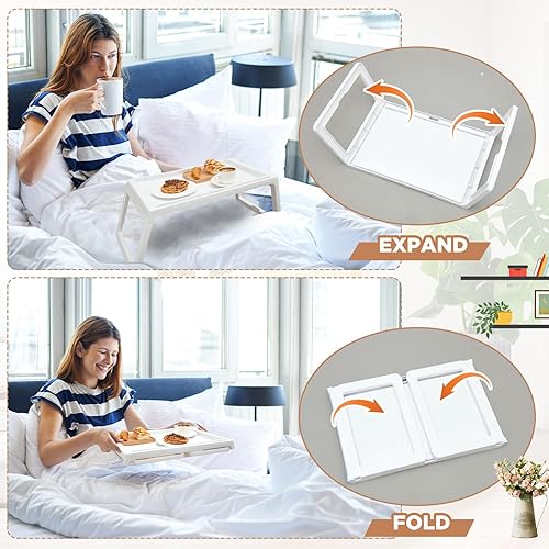 Miniatura 5 de Paquete de 4 bandejas plegables para desayuno en la cama, bandejas de plástico para regazo, patas plegables con asas, bandejas de alimentos para