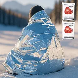 Cobertor térmico portátil de 2 peças – cobertor espacial de dois lados de prata de 163 × 203 cm, isolamento externo e de sobrevivência de emergência, leve e compacto para acampamento, caminhada