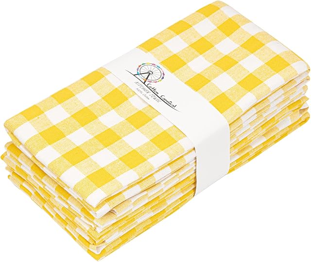 Cotton Carnival Tea Towels, 100% Ring Spun Cotton plaid Kitchen Towels, Premium quality, Mitered corners, Super Soft Absorbent, Hotel Quality Pack of 6 Yellow & White Gingham checks Dish Towels