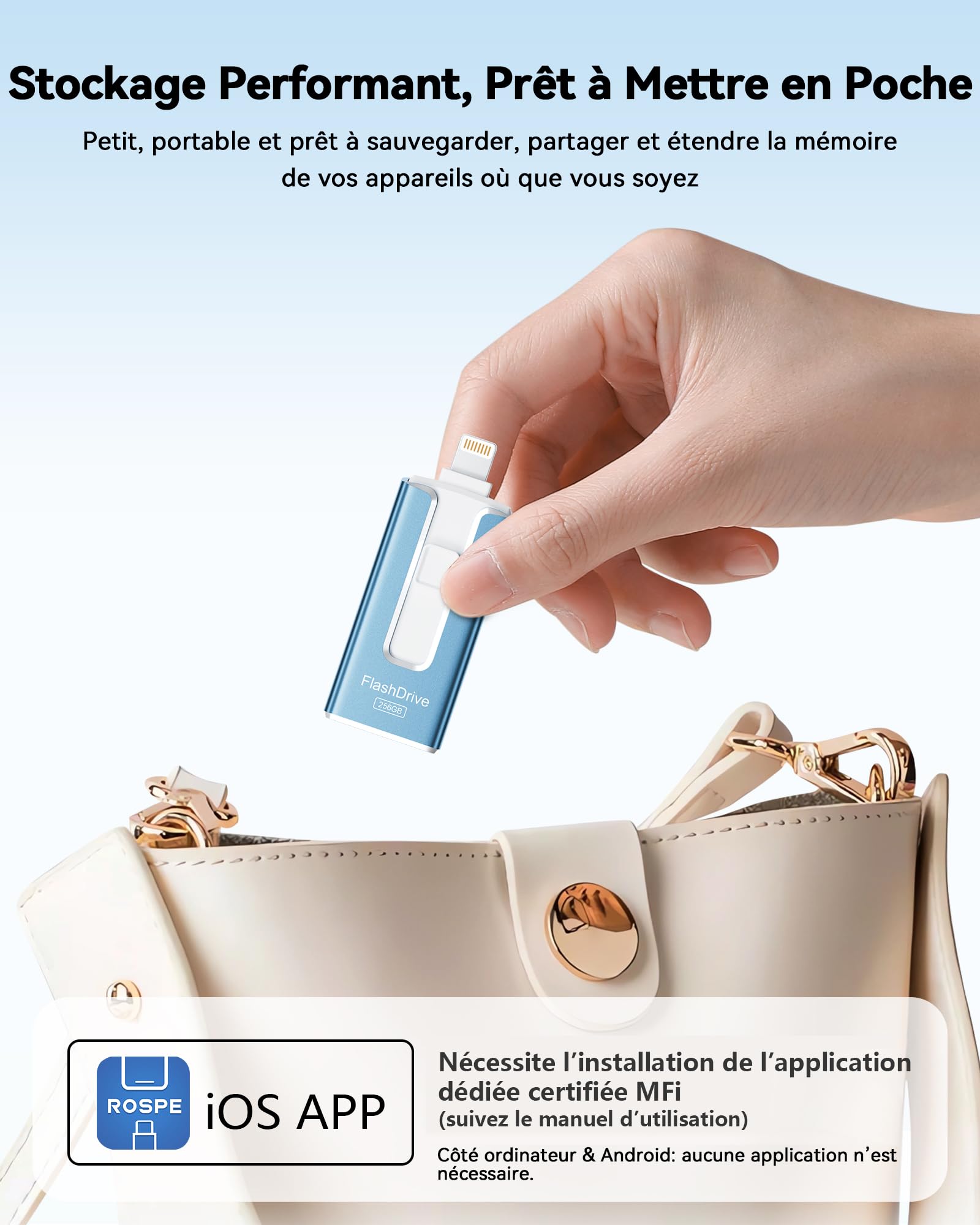 SUDEHO Clé USB-C 256 Go, Clé USB iPhone, MFi Certifiée (Bleu) | Design 3 en 1 pour iPhone, iPad, USB-C, Android et PC. Transfert haute vitesse de photos, vidéos et fichiers.