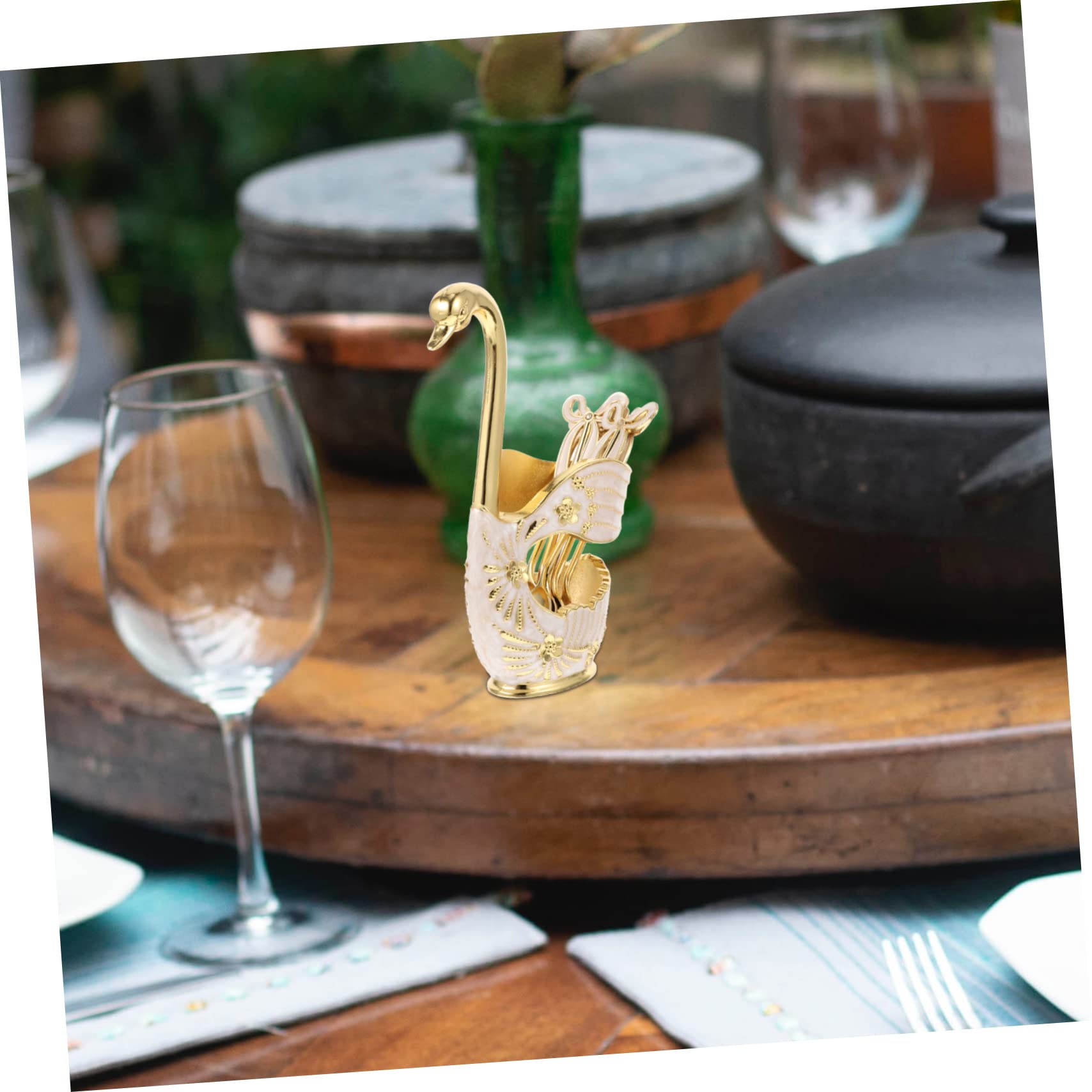 Housoutil 1 Set Swan Dessert Spoon Swan Base Spoon Holder Gold Measuring Spoons Teaspoon with Holder Cutlery Holder for Party Flatware Holder Dessert Spoons Cucharas Metal Alloy Coffee Spoon