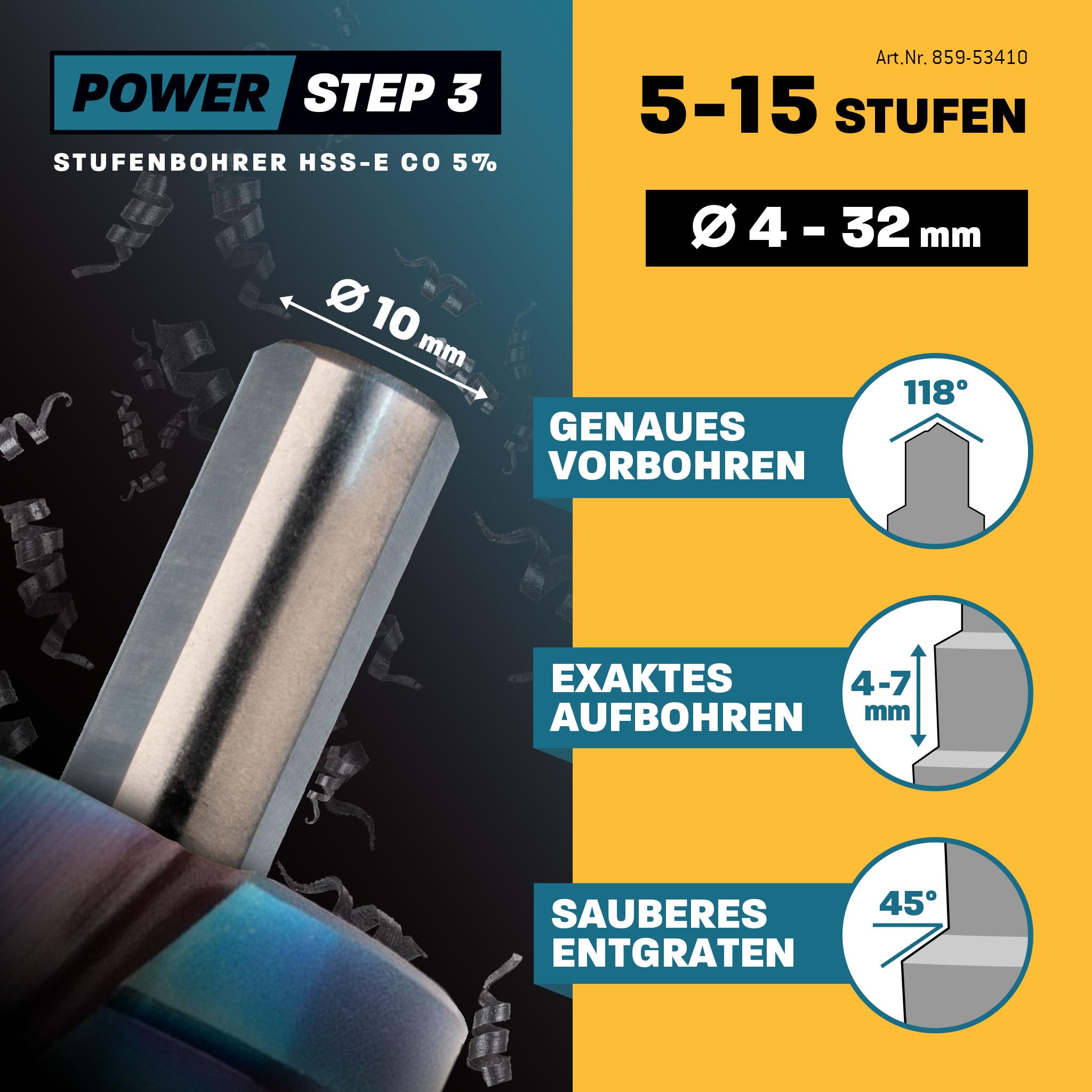 Stufenbohrer Set Ø 4-12 + 4-20 + 4-32 mm / 3 Stck. Profi Metallbohrer Kegelbohrer HSS-E Co 5% / Amboss PowerStep 3 TiAlSiN Blue Nano Guard/für Stahl, Inox, Edelstahl, Alu, Kunststoff, Acrylglas