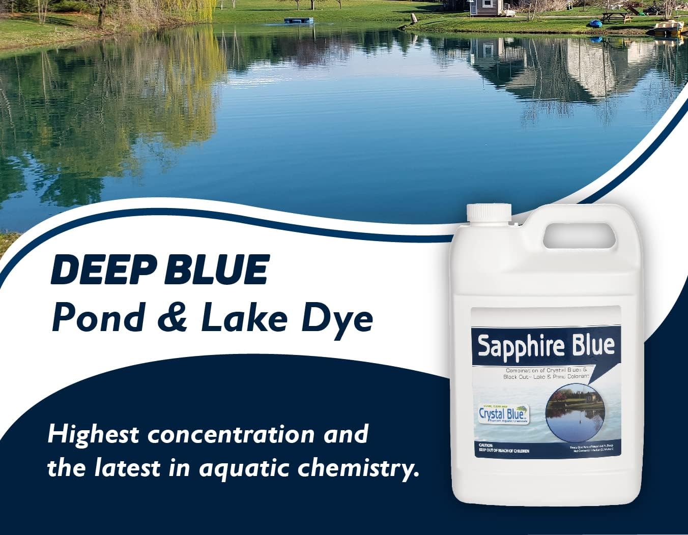Sapphire Blue Lake & Pond Colorant - 1 Gallon - Deep Dark Blue Color Treats up to 1 Acre - Combination of Crystal Blue & Blackout Pond Dye- Environmentally Friendly Pond Dye