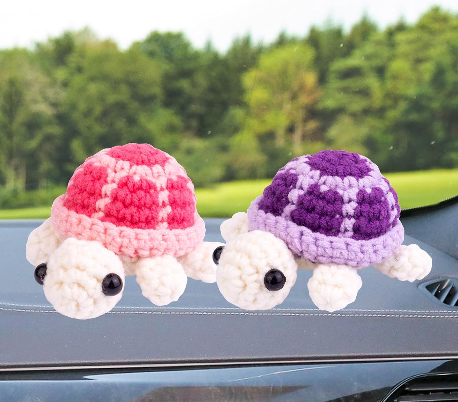 Funny Crochet Turtle Doll, Handmade Emotional Support Knitting Wool Turtle Animal Gift Car Ornament with Positive Affirmation Card for Car Home Office(Purple)