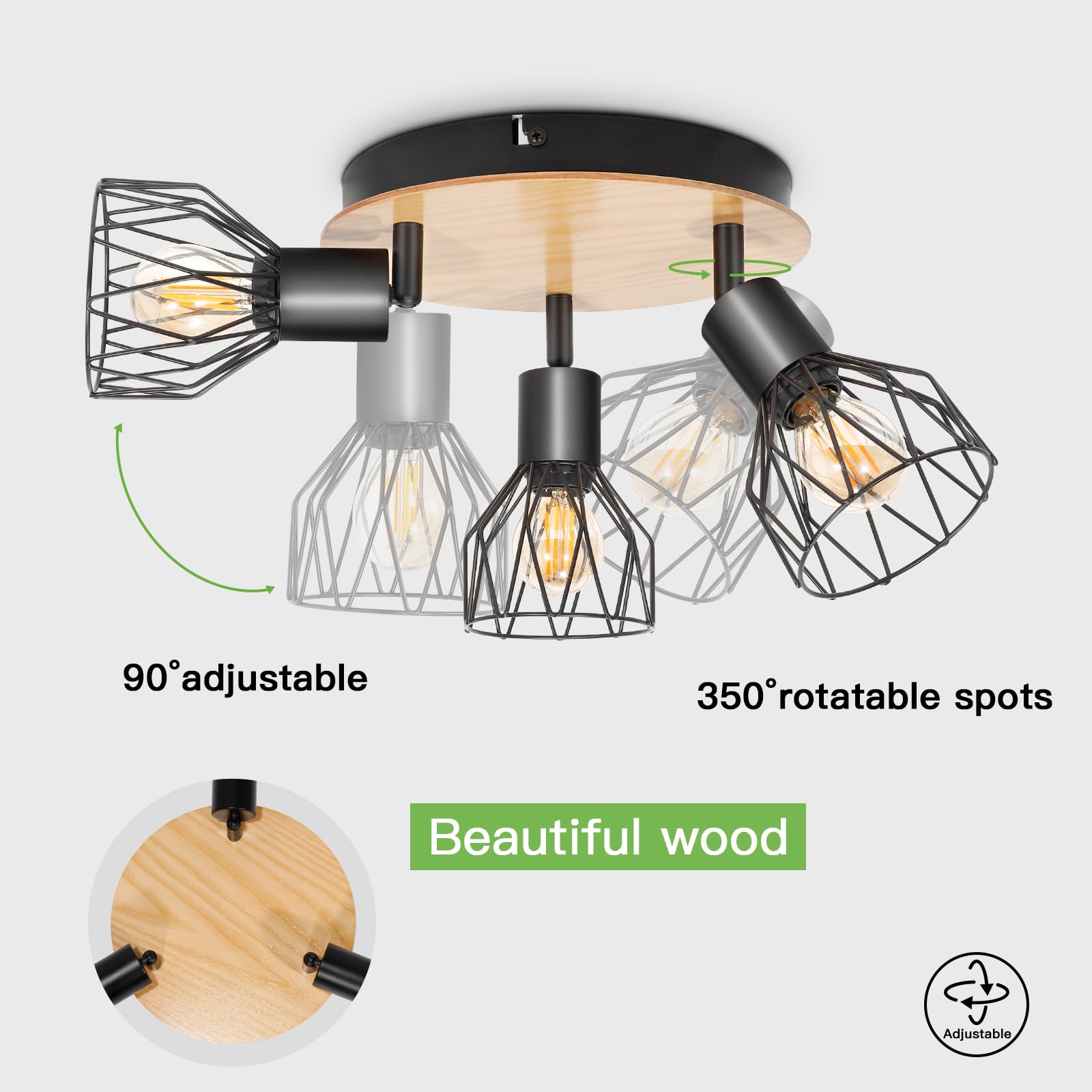 Kimjo Plafonnier Led Orientable - Luminaire Cuisine 3 Spot - Plafonnier Industriel Noir et Bois Plafond E14 - Rampe de Spots Applique Murale Chambre Sans Ampoule
