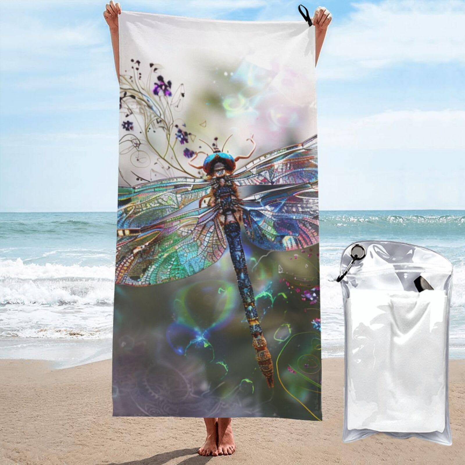 kkvhhyuo Microfiber Beach Towel, modern dragonfly Printed Lightweight Quick Dry Travel Bath Sheet with Compact Carry Bag for Swimming Yoga Camping Gym,31.5"x63"