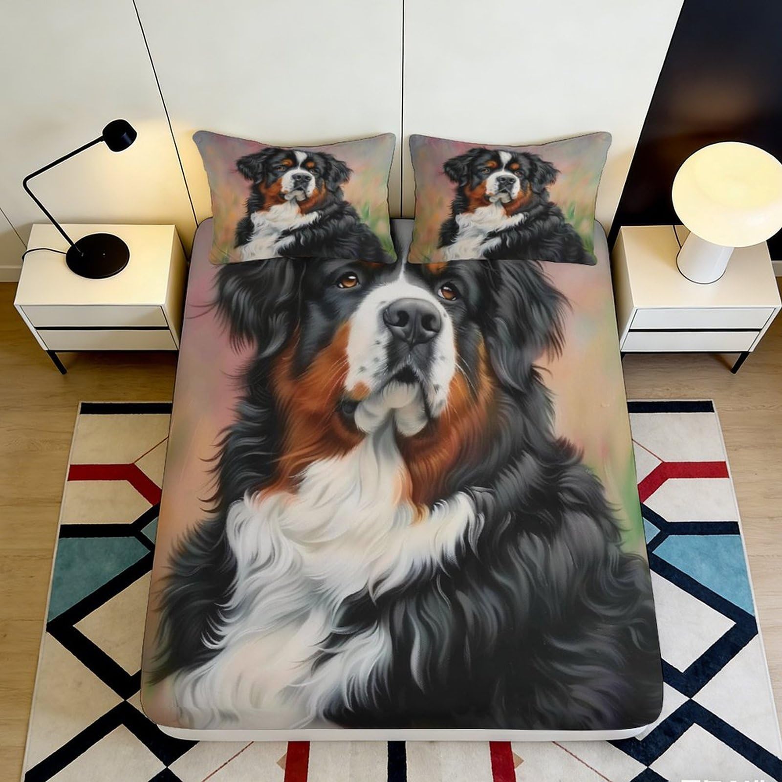 Uynsixtme Style-5 3D Printed Bernese Dog Fitted Sheet Microfiber Deep Pocket Bedroom Bedding Animal Theme Mattress Fitted Cover Non-Slip For All Ages 200X200x25cm