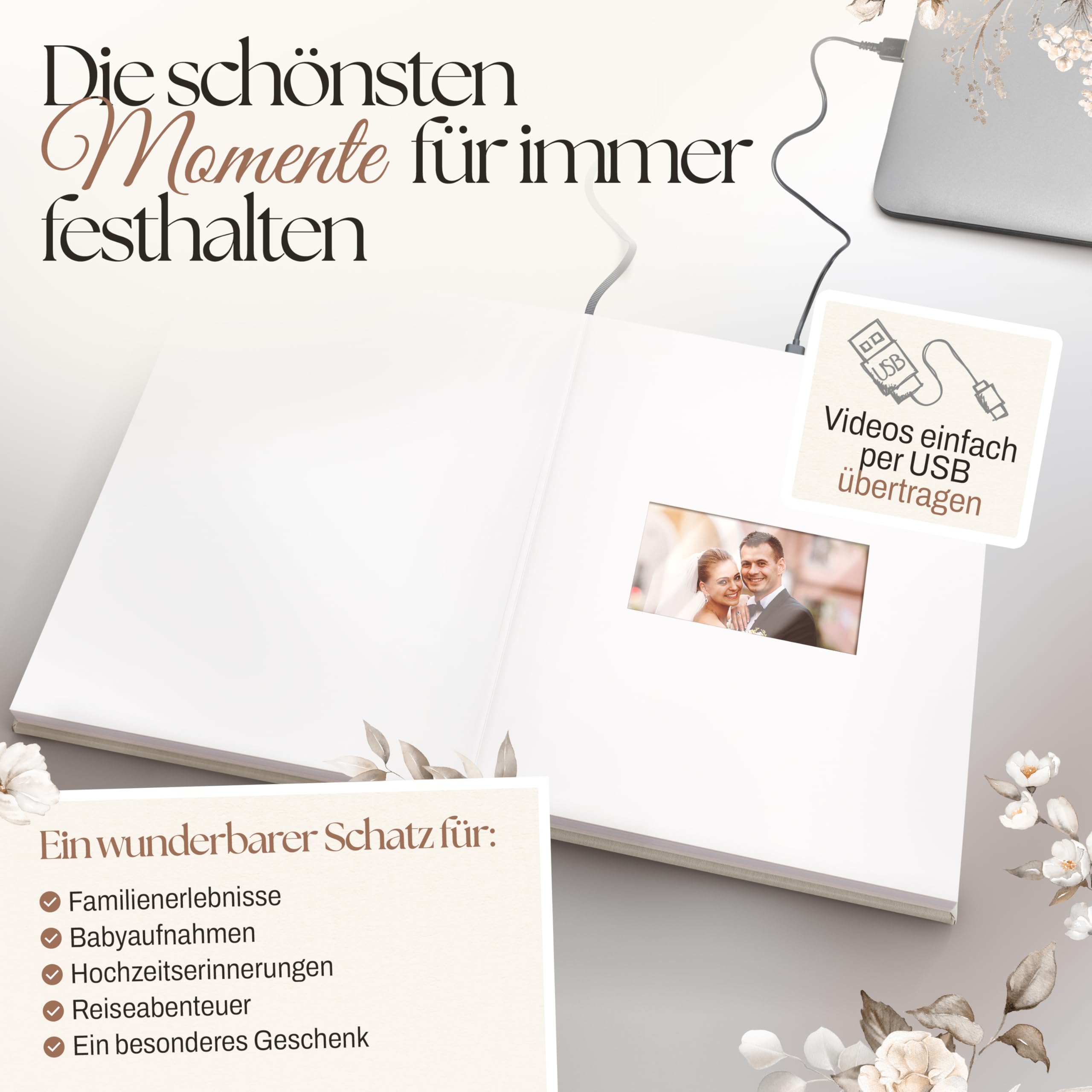 Fotoalbum zum Selbstgestalten [MIT VIDEOS & TON] Made in Germany | Scrapbook mit Displays | Großes Fotoalbum zum Einkleben | Für bis zu 200 Bilder | Hochzeit & Familien-Meilensteine