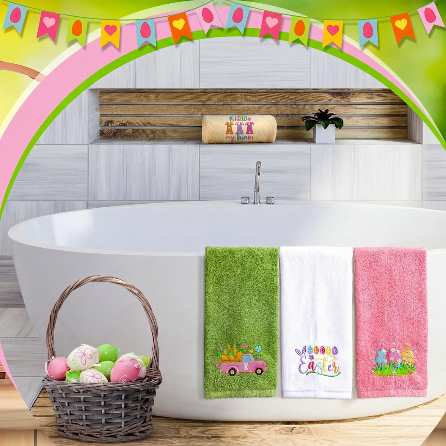 Pickmesh 4 Pcs Easter Hand Towels Set Cotton Embroidered Kitchen Towels Bunny Eggs Floral Dish Towels 13.3 x 29 Inches Flowers Decorative Bathroom Gift Set for Holiday Housewarming Gift