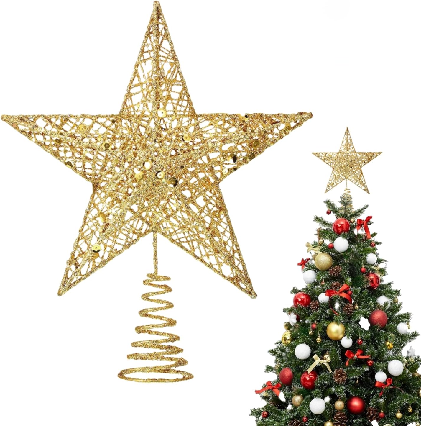 HELVAK Christmas Tree Top Decoration 20cm Star Shape Metal Christmas Tree Star For Christmas Indoor and Outdoor Party Home Holiday Seasonal Decoration (Gold)