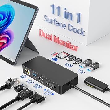Surface Docking Station with Power Adapter, 11-in-1 Surface Dock, Dual Monitor 4K HDMI & VGA, Ethernet, USB Hub, SD/TF Card Reader for Surface Pro/Laptop/Book HDMI + VGA