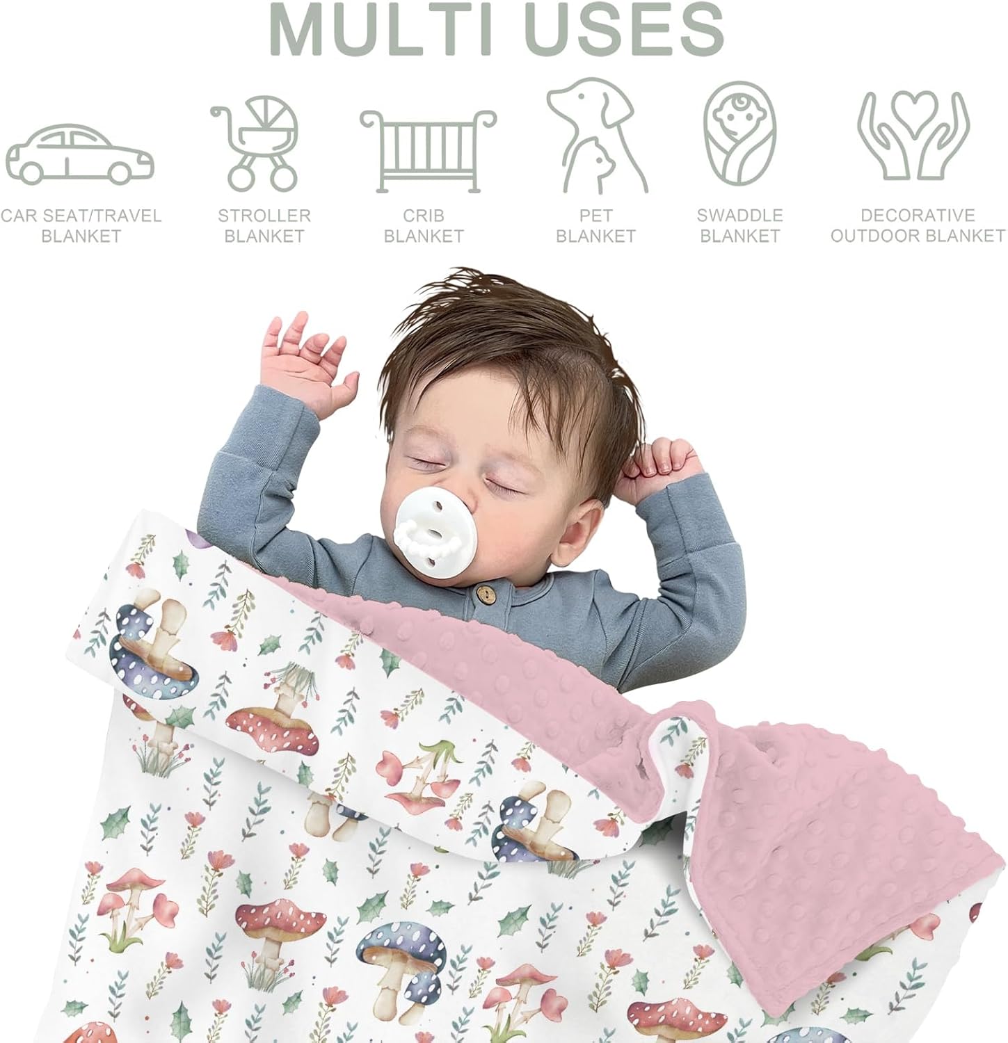 Fairytale Mushroom Baby Blankets for Girl Boy Colorful Mushrooms Floral Leaves Soft Mink Dotted Backing Double Layer Swaddle Blanket for Toddler Nursery Magical Plant Bed Blanket Crib 30x40