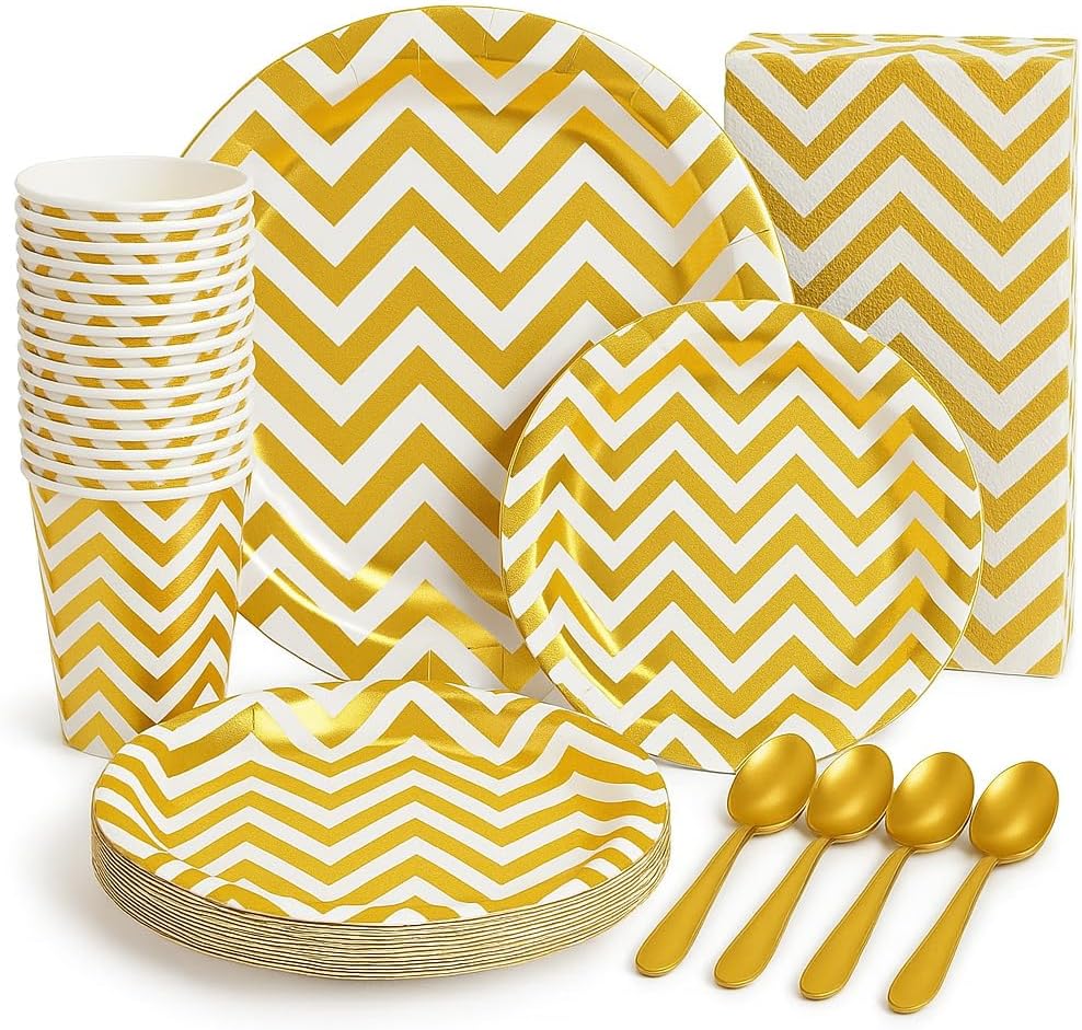 Pack of 100 | White and Gold Disposable Party Set | Includes Cups, Dinner & Dessert Plates, Spoons, Napkins | Elegant Tableware for Birthdays, Holidays, Outdoor Events & Special Celebrations